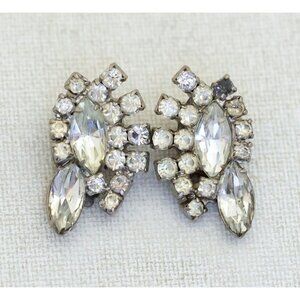 Vintage Elegant Rhinestones Silver Tone Art Deco Clip On Earrings - H1